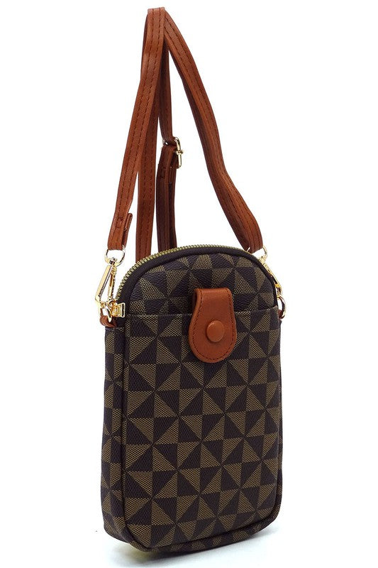 The PM Monogram Mini Crossbody Bag Cell Phone Purse is a compact mini crossbody bag showcasing a geometric pattern in shades of gray and black, complemented by a black zipper and dark faux vegan leather accents, including a snap button on the front.