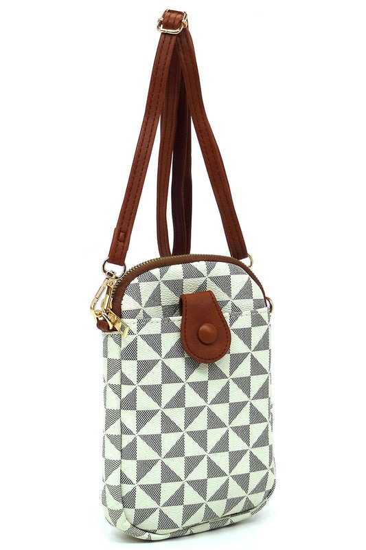 The PM Monogram Mini Crossbody Bag Cell Phone Purse is a compact mini crossbody bag showcasing a geometric pattern in shades of gray and black, complemented by a black zipper and dark faux vegan leather accents, including a snap button on the front.