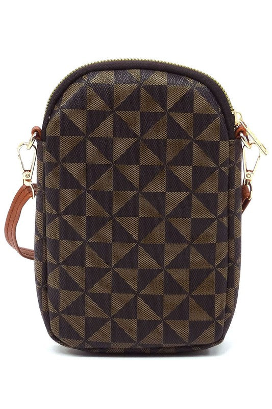 The PM Monogram Mini Crossbody Bag Cell Phone Purse is a compact mini crossbody bag showcasing a geometric pattern in shades of gray and black, complemented by a black zipper and dark faux vegan leather accents, including a snap button on the front.