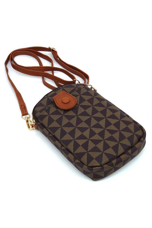 The PM Monogram Mini Crossbody Bag Cell Phone Purse is a compact mini crossbody bag showcasing a geometric pattern in shades of gray and black, complemented by a black zipper and dark faux vegan leather accents, including a snap button on the front.