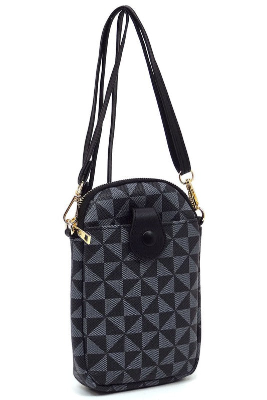 The PM Monogram Mini Crossbody Bag Cell Phone Purse is a compact mini crossbody bag showcasing a geometric pattern in shades of gray and black, complemented by a black zipper and dark faux vegan leather accents, including a snap button on the front.