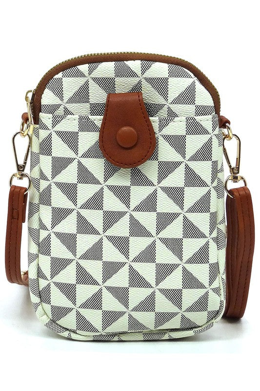 The PM Monogram Mini Crossbody Bag Cell Phone Purse is a compact mini crossbody bag showcasing a geometric pattern in shades of gray and black, complemented by a black zipper and dark faux vegan leather accents, including a snap button on the front.