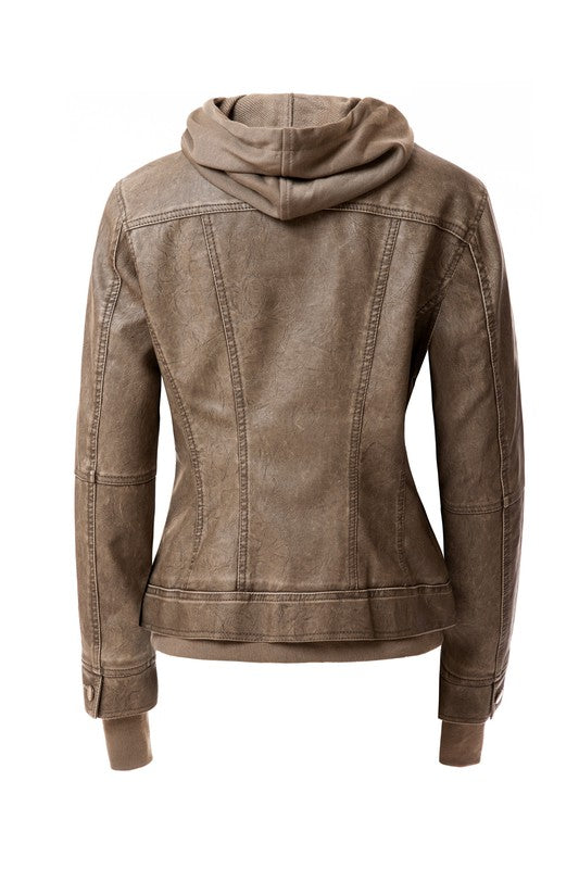 The Women's Hood PU Leather Jacket is a stylish and functional casual coat made of brown faux leather. It features a detachable hood, front zipper closure, and side zipper pockets, making it perfect for combining style with practicality.