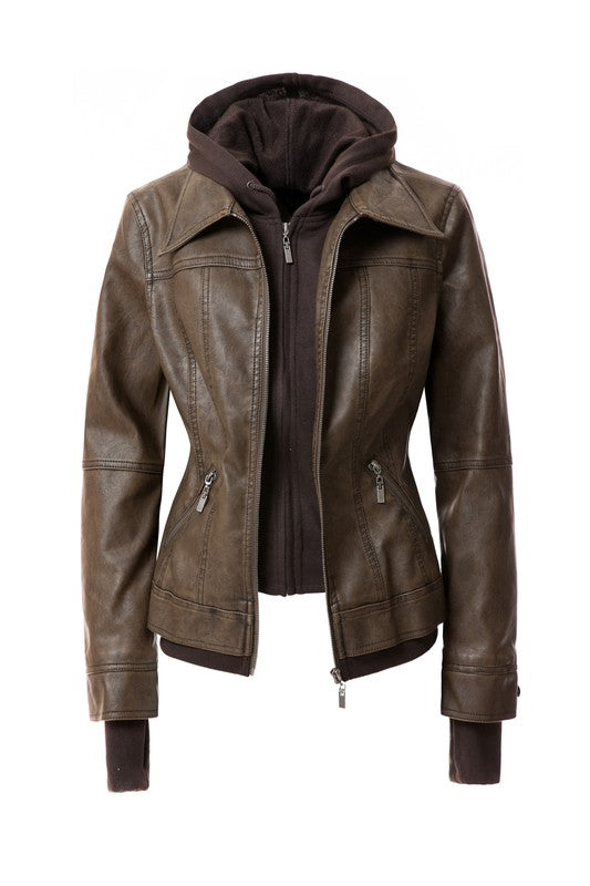 The Women's Hood PU Leather Jacket is a stylish and functional casual coat made of brown faux leather. It features a detachable hood, front zipper closure, and side zipper pockets, making it perfect for combining style with practicality.