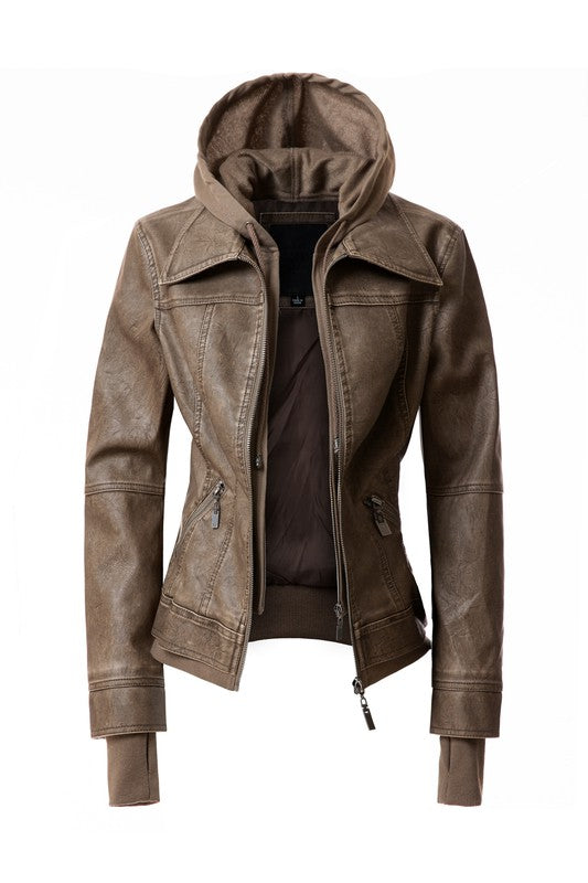 The Women's Hood PU Leather Jacket is a brown casual design featuring a detachable hood, front zipper closure, side zippered pockets, and ribbed cuffs.