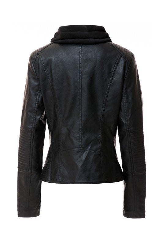 A Women's Hood PU Leather Jacket in brown faux leather, featuring a detachable hood, front zip closure, two zippered pockets, and ribbed cuffs.