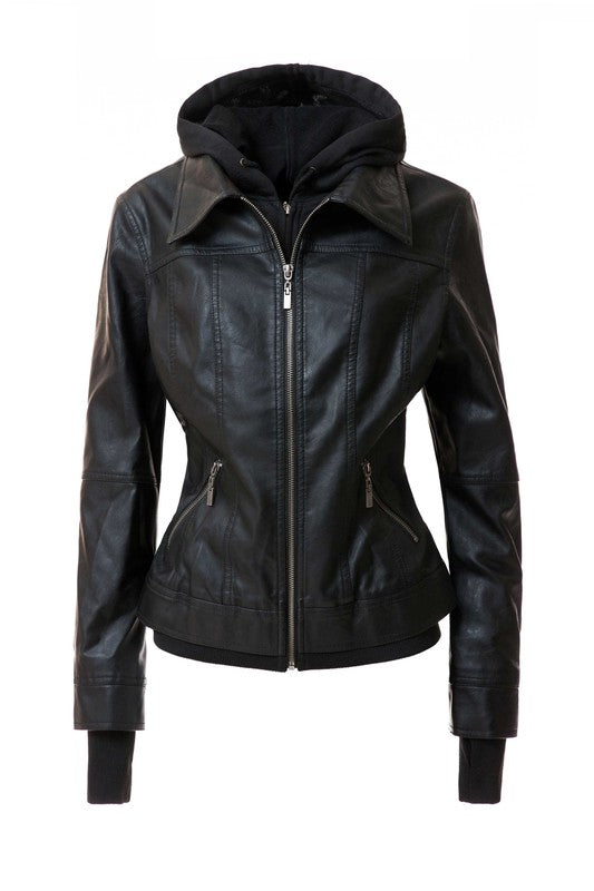 A Women's Hood PU Leather Jacket in brown faux leather, featuring a detachable hood, front zip closure, two zippered pockets, and ribbed cuffs.