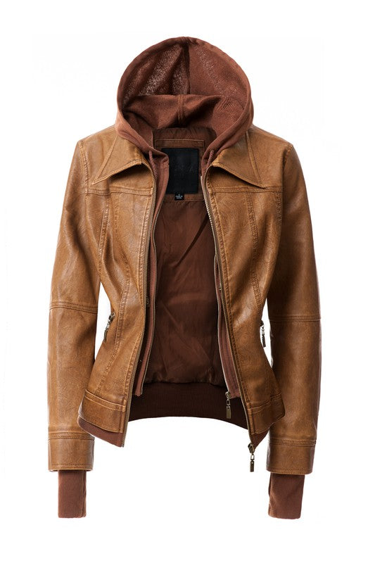 A Women's Hood PU Leather Jacket in brown faux leather, featuring a detachable hood, front zip closure, two zippered pockets, and ribbed cuffs.