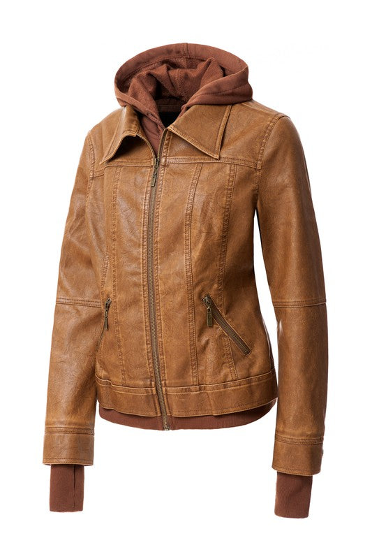 The Women's Hood PU Leather Jacket is a stylish and functional casual coat made of brown faux leather. It features a detachable hood, front zipper closure, and side zipper pockets, making it perfect for combining style with practicality.