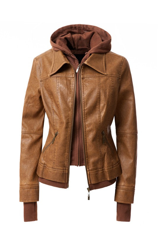 A Women's Hood PU Leather Jacket in brown faux leather, featuring a detachable hood, front zip closure, two zippered pockets, and ribbed cuffs.