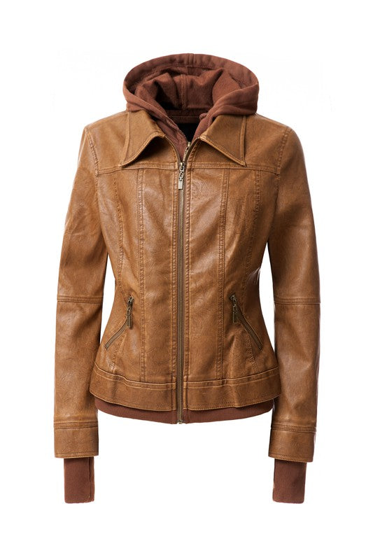 A Women's Hood PU Leather Jacket in brown faux leather, featuring a detachable hood, front zip closure, two zippered pockets, and ribbed cuffs.