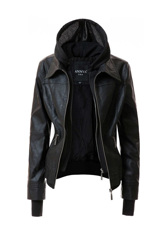 The Women's Hood PU Leather Jacket is a stylish and functional casual coat made of brown faux leather. It features a detachable hood, front zipper closure, and side zipper pockets, making it perfect for combining style with practicality.