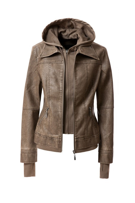 A Women's Hood PU Leather Jacket in brown faux leather, featuring a detachable hood, front zip closure, two zippered pockets, and ribbed cuffs.