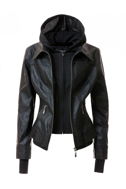 The Women's Hood PU Leather Jacket is a stylish and functional casual coat made of brown faux leather. It features a detachable hood, front zipper closure, and side zipper pockets, making it perfect for combining style with practicality.