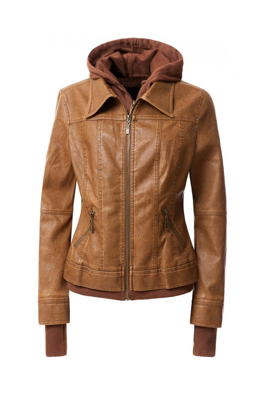 The Women's Hood PU Leather Jacket is a stylish and functional casual coat made of brown faux leather. It features a detachable hood, front zipper closure, and side zipper pockets, making it perfect for combining style with practicality.