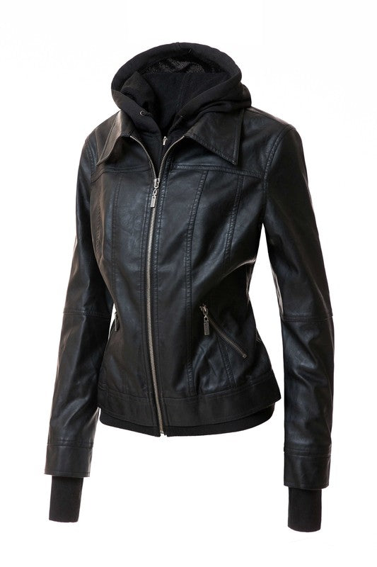 A Women's Hood PU Leather Jacket in brown faux leather, featuring a detachable hood, front zip closure, two zippered pockets, and ribbed cuffs.