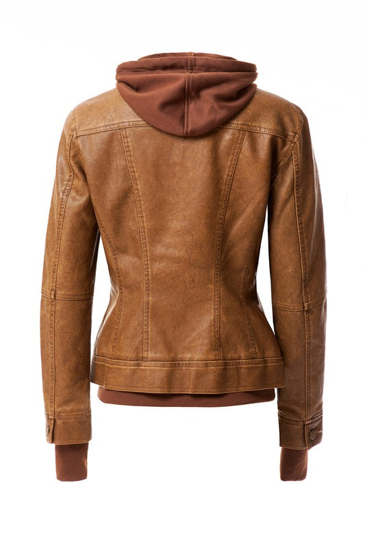 The Women's Hood PU Leather Jacket is a stylish and functional casual coat made of brown faux leather. It features a detachable hood, front zipper closure, and side zipper pockets, making it perfect for combining style with practicality.