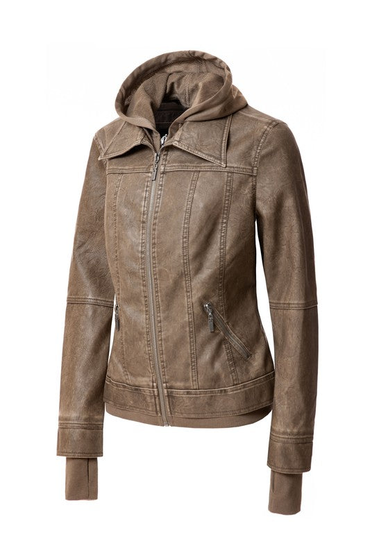 A Women's Hood PU Leather Jacket in brown faux leather, featuring a detachable hood, front zip closure, two zippered pockets, and ribbed cuffs.
