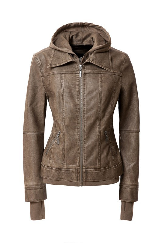 A Women's Hood PU Leather Jacket in brown faux leather, featuring a detachable hood, front zip closure, two zippered pockets, and ribbed cuffs.