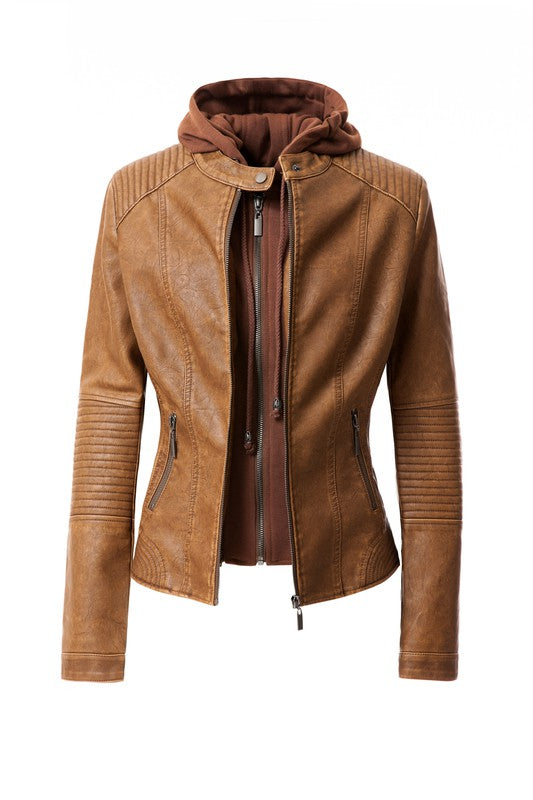 The Women's PU Jacket comes in a stylish brown faux leather and features a front zipper, two zipped pockets, and a removable hood. It also boasts ribbed detailing on the shoulders and sleeves.