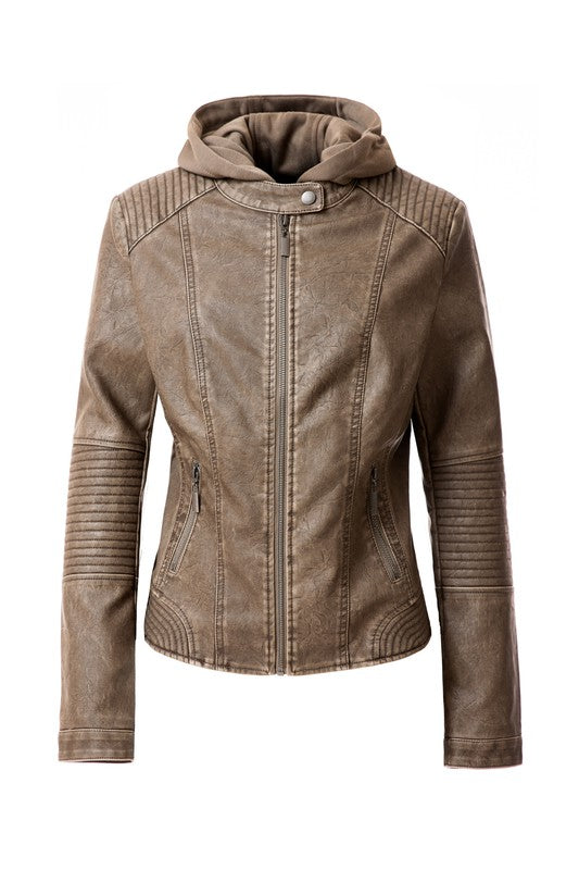 The Women's PU Jacket comes in a stylish brown faux leather and features a front zipper, two zipped pockets, and a removable hood. It also boasts ribbed detailing on the shoulders and sleeves.