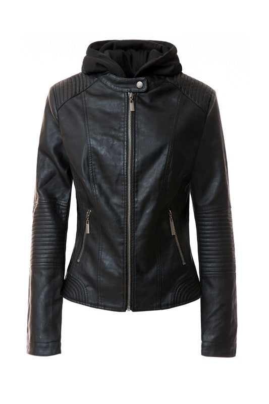 The Women's PU Jacket comes in a stylish brown faux leather and features a front zipper, two zipped pockets, and a removable hood. It also boasts ribbed detailing on the shoulders and sleeves.