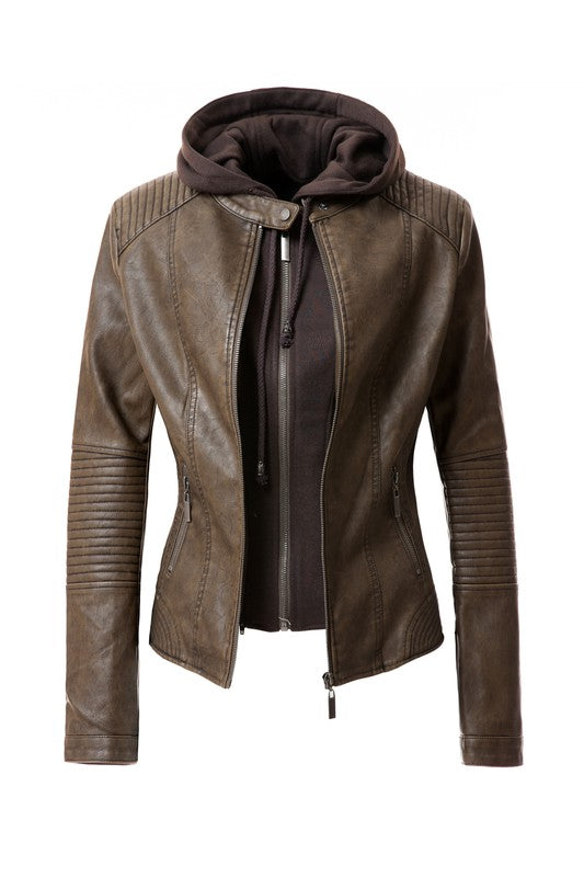 The Women's PU Jacket comes in a stylish brown faux leather and features a front zipper, two zipped pockets, and a removable hood. It also boasts ribbed detailing on the shoulders and sleeves.
