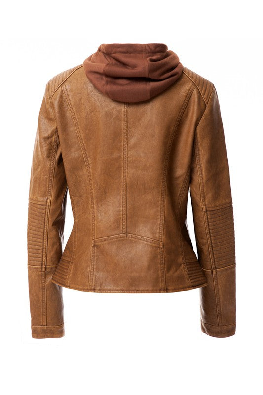 The Women's PU Jacket comes in a stylish brown faux leather and features a front zipper, two zipped pockets, and a removable hood. It also boasts ribbed detailing on the shoulders and sleeves.