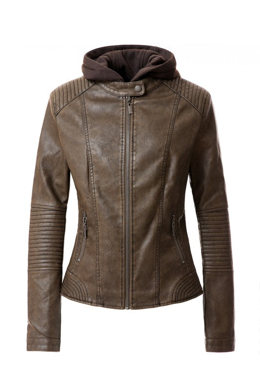 The Women's PU Jacket comes in a stylish brown faux leather and features a front zipper, two zipped pockets, and a removable hood. It also boasts ribbed detailing on the shoulders and sleeves.