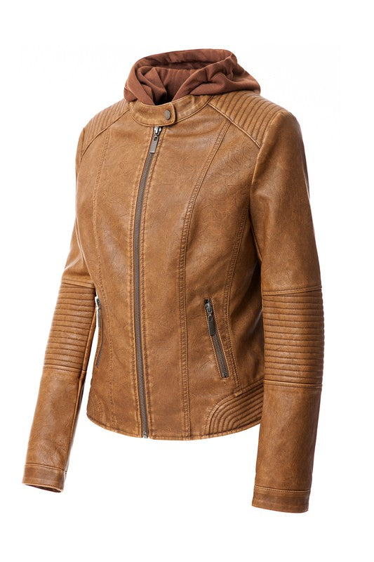 The Women's PU Jacket comes in a stylish brown faux leather and features a front zipper, two zipped pockets, and a removable hood. It also boasts ribbed detailing on the shoulders and sleeves.