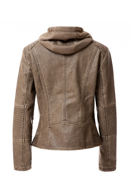 The Women's PU Jacket comes in a stylish brown faux leather and features a front zipper, two zipped pockets, and a removable hood. It also boasts ribbed detailing on the shoulders and sleeves.