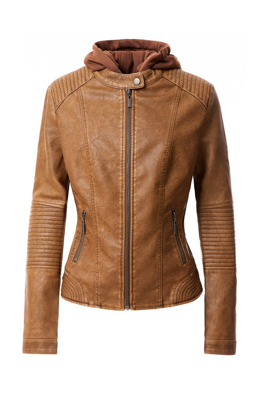The Women's PU Jacket comes in a stylish brown faux leather and features a front zipper, two zipped pockets, and a removable hood. It also boasts ribbed detailing on the shoulders and sleeves.