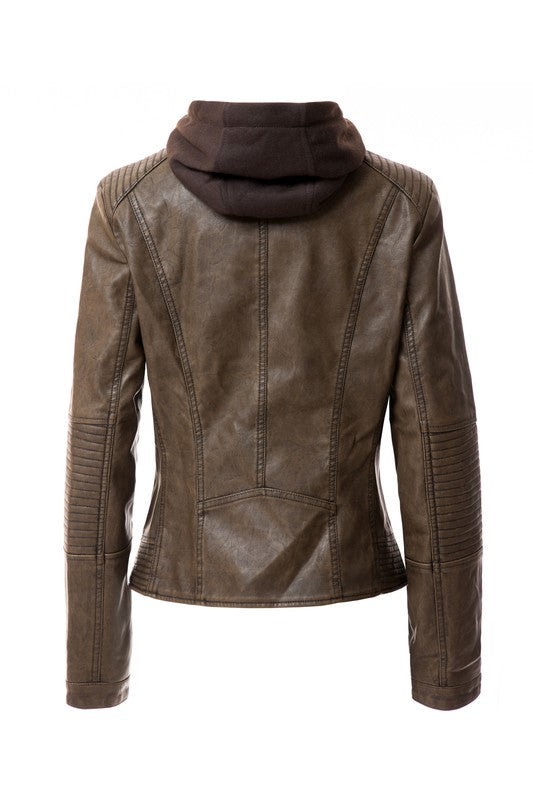 The Women's PU Jacket comes in a stylish brown faux leather and features a front zipper, two zipped pockets, and a removable hood. It also boasts ribbed detailing on the shoulders and sleeves.