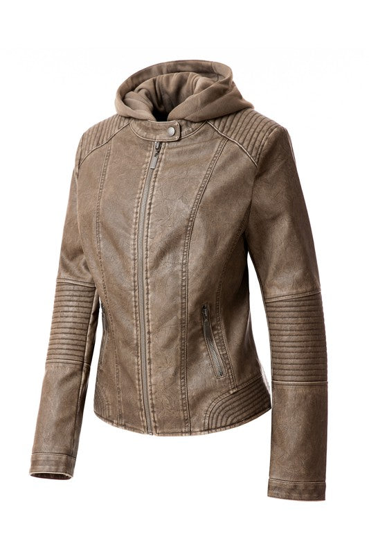 The Women's PU Jacket comes in a stylish brown faux leather and features a front zipper, two zipped pockets, and a removable hood. It also boasts ribbed detailing on the shoulders and sleeves.