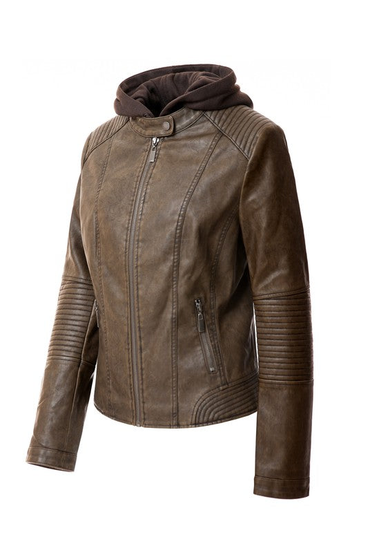 The Women's PU Jacket comes in a stylish brown faux leather and features a front zipper, two zipped pockets, and a removable hood. It also boasts ribbed detailing on the shoulders and sleeves.