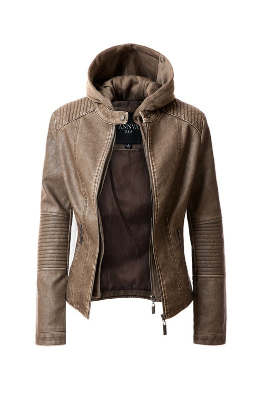 The Women's PU Jacket comes in a stylish brown faux leather and features a front zipper, two zipped pockets, and a removable hood. It also boasts ribbed detailing on the shoulders and sleeves.