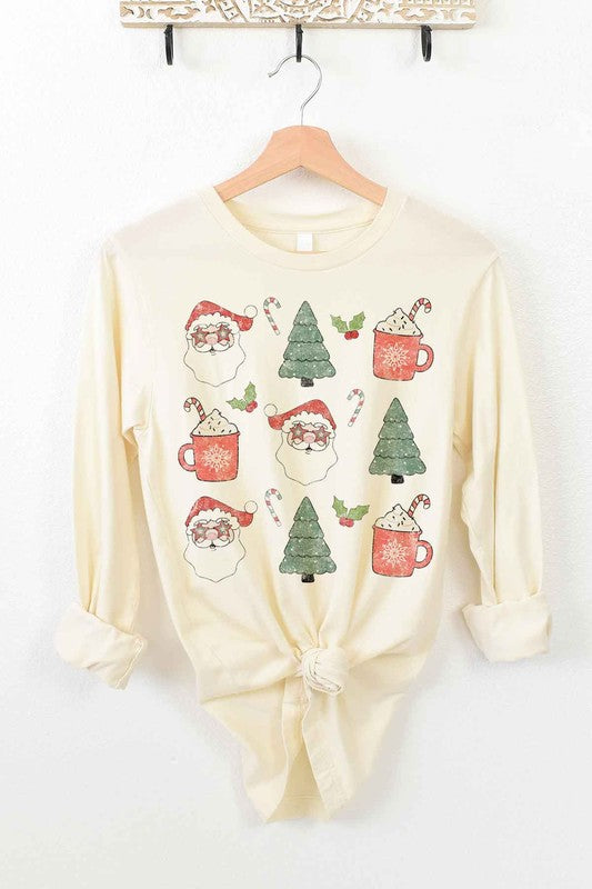 Introducing our CHRISTMAS COLLECTION LONG SLEEVE TEE, a white long-sleeve shirt with a front knot, made from premium cotton. This festive piece showcases delightful illustrations including Santa Claus faces, Christmas trees, candy canes, holly, and mugs adorned with whipped cream and snowflakes.