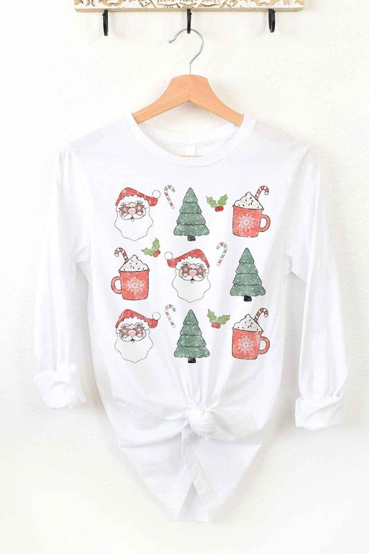 Introducing our CHRISTMAS COLLECTION LONG SLEEVE TEE, a white long-sleeve shirt with a front knot, made from premium cotton. This festive piece showcases delightful illustrations including Santa Claus faces, Christmas trees, candy canes, holly, and mugs adorned with whipped cream and snowflakes.