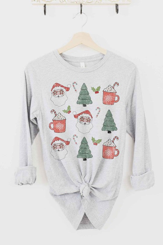 Introducing our CHRISTMAS COLLECTION LONG SLEEVE TEE, a white long-sleeve shirt with a front knot, made from premium cotton. This festive piece showcases delightful illustrations including Santa Claus faces, Christmas trees, candy canes, holly, and mugs adorned with whipped cream and snowflakes.