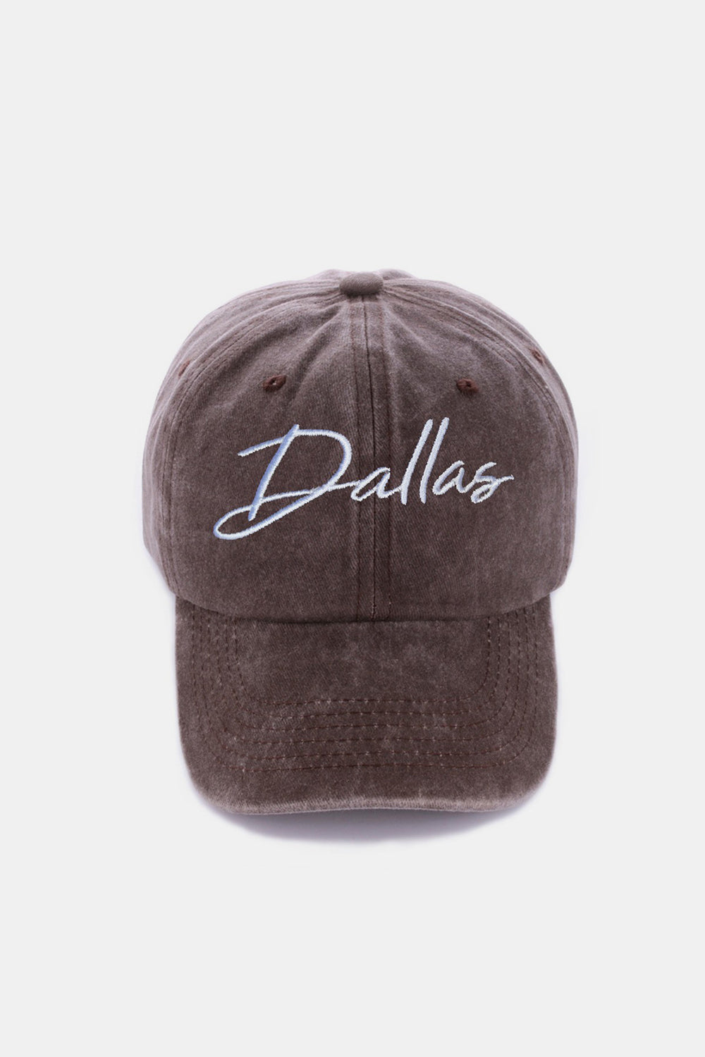 The Zenana Washed DALLAS Embroidered Baseball Cap is a black vintage-style cap featuring the word "Dallas" embroidered in white cursive font on the front, made from 100% cotton.