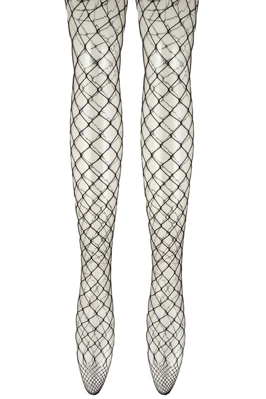 Packaging of FNL1000-2, with an image showing a close-up of legs wearing black fishnet stockings under ripped jeans. Text highlights features: "Black sexy" and "Fishnet Stockings.