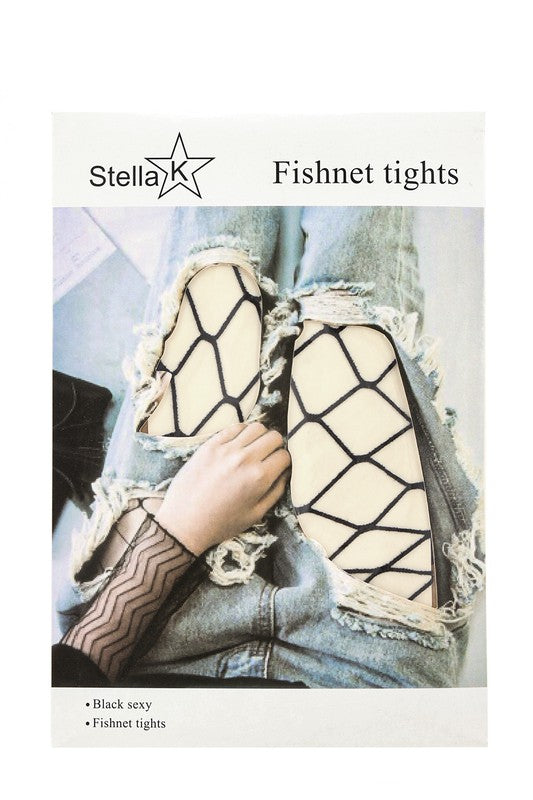 Packaging of FNL1000-2, with an image showing a close-up of legs wearing black fishnet stockings under ripped jeans. Text highlights features: "Black sexy" and "Fishnet Stockings.
