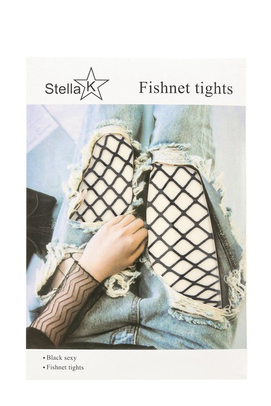 Image of "FNL1001-1" packaging featuring ripped jeans with black fishnet tights underneath. The packaging text includes "Black sexy" and "Fishnet tights", showcasing the ultimate blend of fashion and allure.