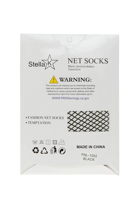 Advertisement showcasing Stella K fashion fishnet tights worn under distressed jeans. Text on the image reads "Black sexy - FNL1002-1.