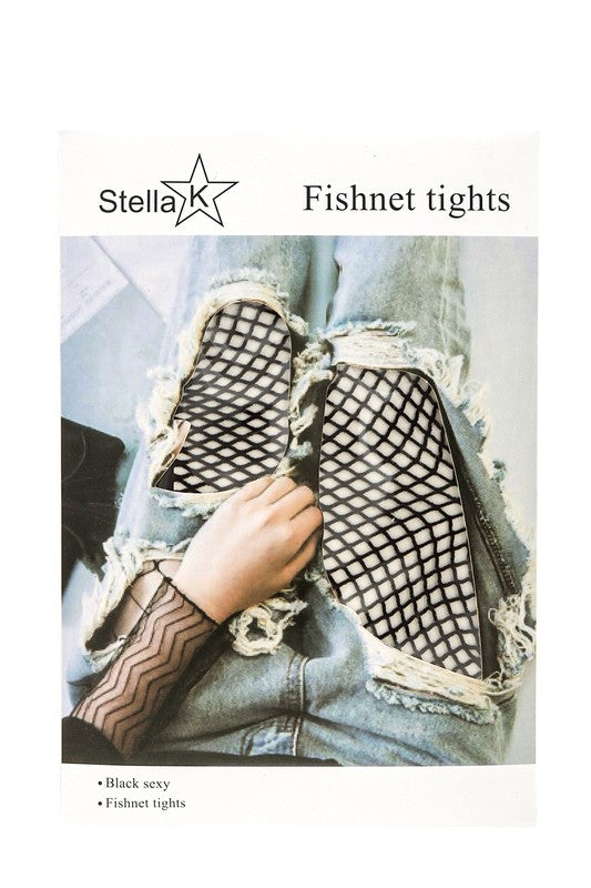 Advertisement showcasing Stella K fashion fishnet tights worn under distressed jeans. Text on the image reads "Black sexy - FNL1002-1.