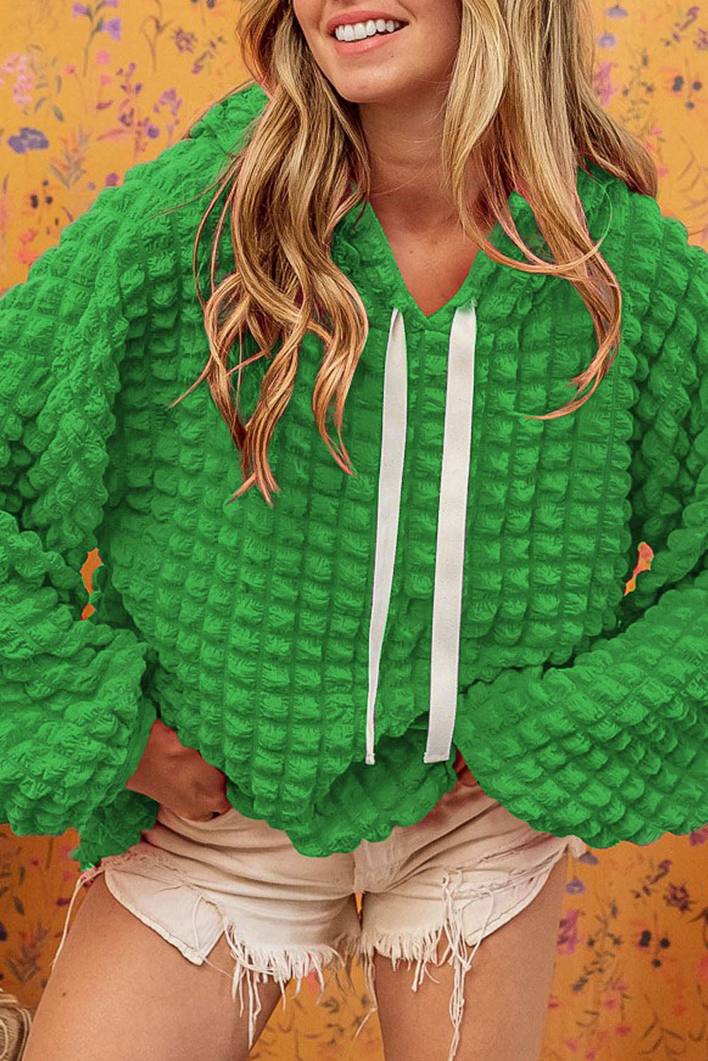 Green Bubble Textured Waffle Hoodie