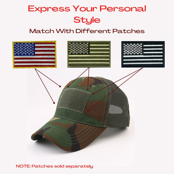 Tactical Military Patch Hat with adjustable strap and breathable mesh back.