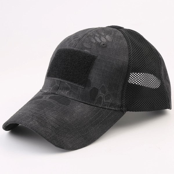 Tactical Military Patch Hat with adjustable strap and breathable mesh back.