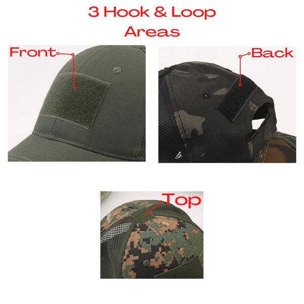Tactical Military Patch Hat with adjustable strap and breathable mesh back.