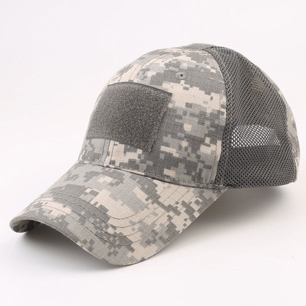 Tactical Military Patch Hat with adjustable strap and breathable mesh back.